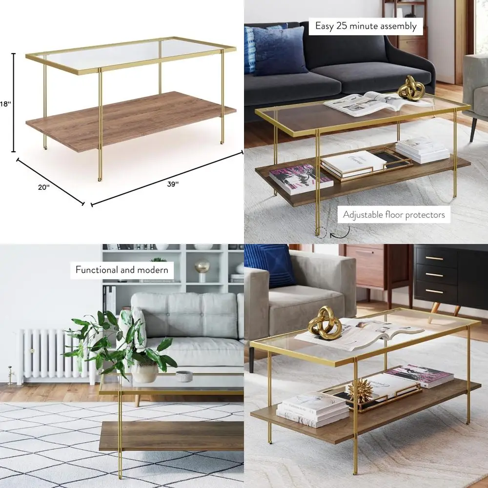 

Mid-Century Modern Coffee Table with Glass Top, Rustic Oak Shelf, and Brass Legs in Gold Finish