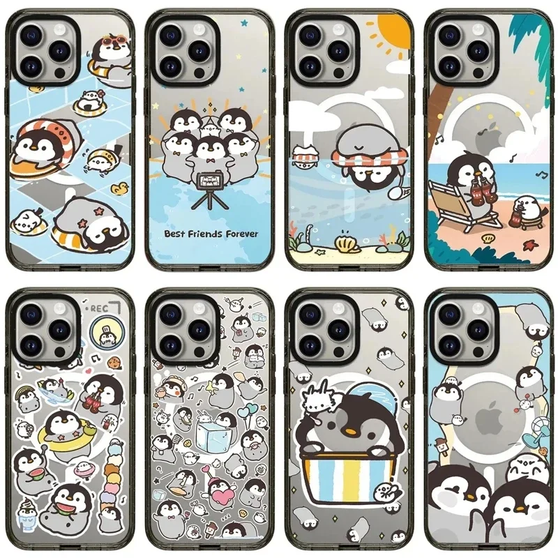 

Cute Penguin Acrylic Black Border Magnetic iPhone 11 12 13 15 14 16 Pro Max Protective Case, Fits iPhone 16 Pro Max