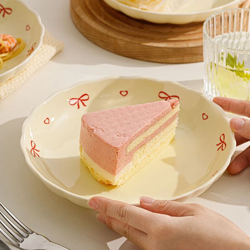 

Bow Pattern Ceramic Plates Household 8 Inch Underglazed Colour Cream Wind High End Dinner Tableware Aesthetic Pink Deepen Dish