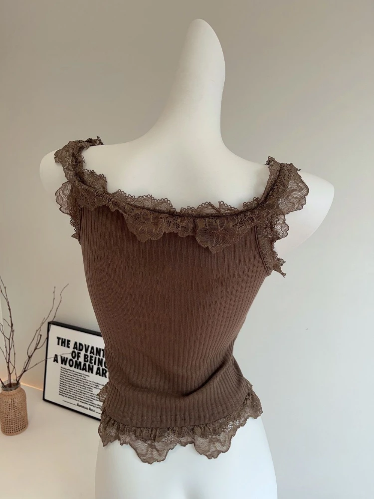 Women White Lace Patchwork Tank Top Vintage Y2k Crop Tops Kawaii Clothes Harajuku Streetwear Slim Sexy T-shirt Halter Top