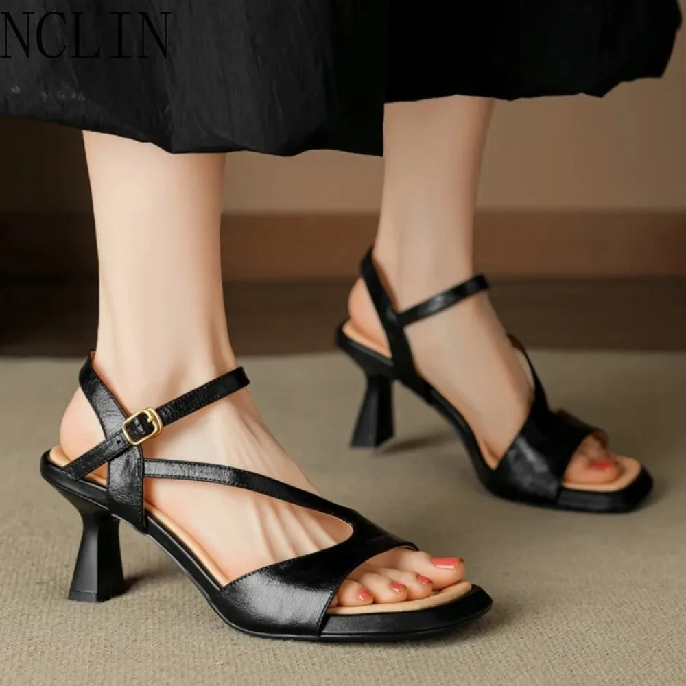 Women's Genuine Leather Kitten Heel Sandals - Open Toe Cross Ankle Strap Breathable Summer Retro Elegant High Heels