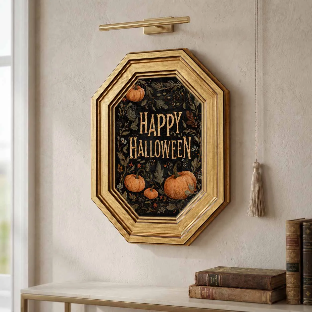 Octagonal Vintage Gold Framed Halloween Canvas Sign,Happy Halloween Pumpkin Floral Print,2-in-1 Wall&Tabletop Fall Holiday Decor
