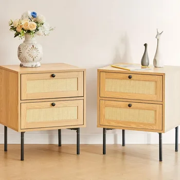 Image Rattan Bedside Table 2 Set with Metal Legs, Rattan Side Table with Living Room Bedroom Storage, 220 lb Capacity