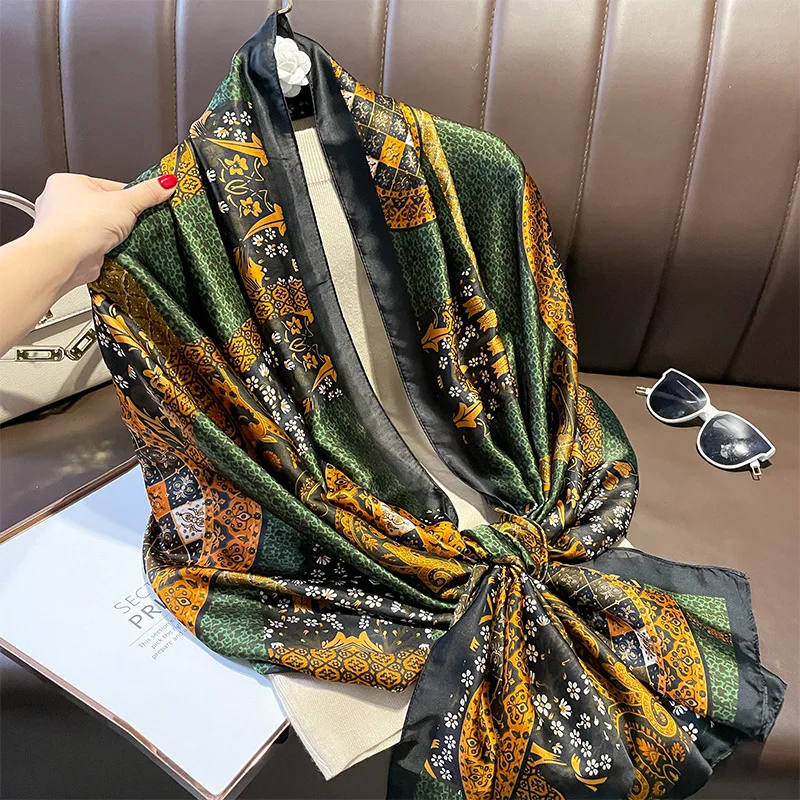 Summer New Model Satin Shawl Luxury Brand Women Design Scarves Popular 180X90CM Silk Scarf Fashion Beach Sunscreen Bandanna