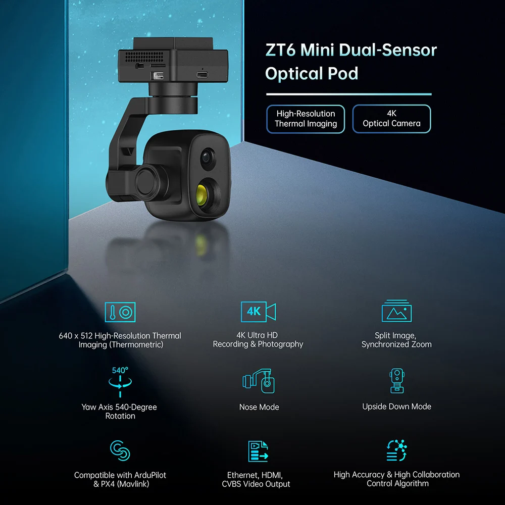 ZT6 Mini Pod ottico a doppio sensore Imaging termico ad alta risoluzione HDMI 4K Ultra HD Registrazione e fotografia Immagine divisa