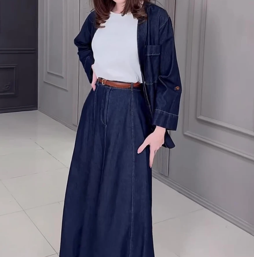 Retro Women\'s Fashion Denim Skirt Set Autumn Washed Denim Top Long Skirt Sets Temperament Commuting New Casual Women\'s Skirt Set