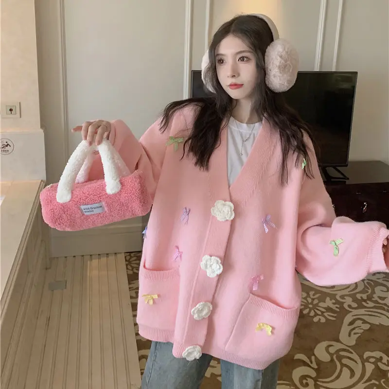 

Autumn/Winter Girls Sweet V-neck Bow Flower Cardigan Knit Coat
