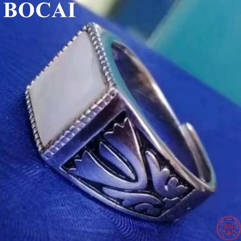 BOCAI S925 Sterling Silver Charms Rings for Men Women Retro Pattern Inlaid White Shell New Fashion Punk Jewelry Wholesale