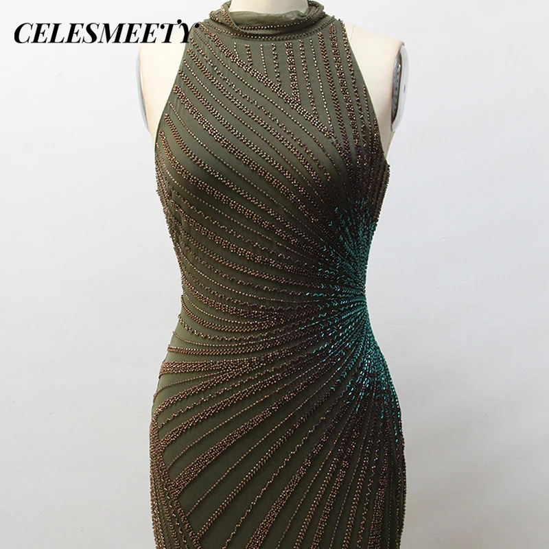 فستان أنيق برقبة رسن بحورية البحر وحاشية ترتر للحفلات الراقصة باللون الأخضر الرسمي للسهرات وحفلات الزفاف، لفستان حفلات العشاء