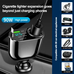 4 in 1 Retractable Car Charger with Voltage Display Cigarette Lighter PD QC 3.0 96W Super Fast Charger for iPhone Huawei Sumsung
