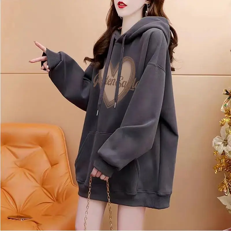 

American Retro Velvet Thickened Hooded Sweatshirt for Women Autumn and Winter New Trendy Loose Lazy Chic All-match Jacket