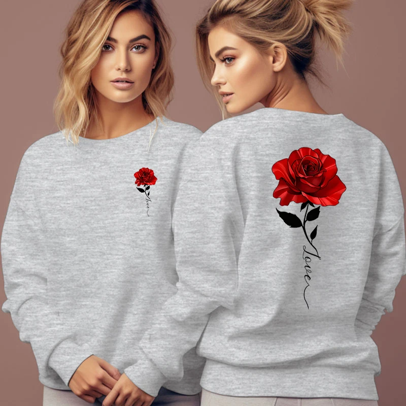 Rose Artistic Letter Printed Sweatshirts Women Fashion Street Pullover Vintage Floral Round Neck Tracksuit Autumn Female Hoodies