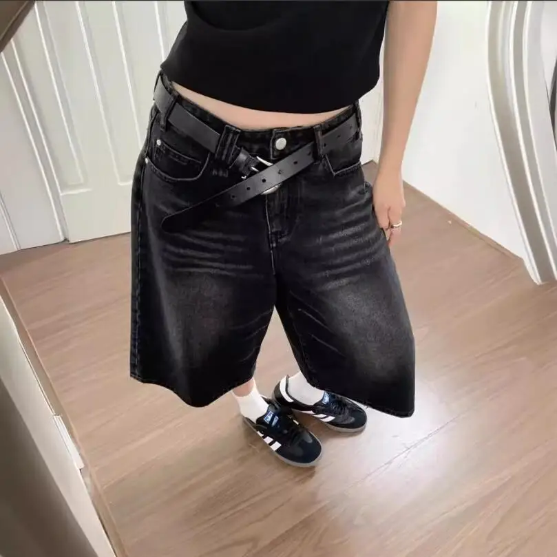 

2024 Y2k Retro Women Jorts Shorts Brushed Black Wash Cropped Baggy Jeans Wide Leg Frayed Denim Short Pants Acubi Fashion w964