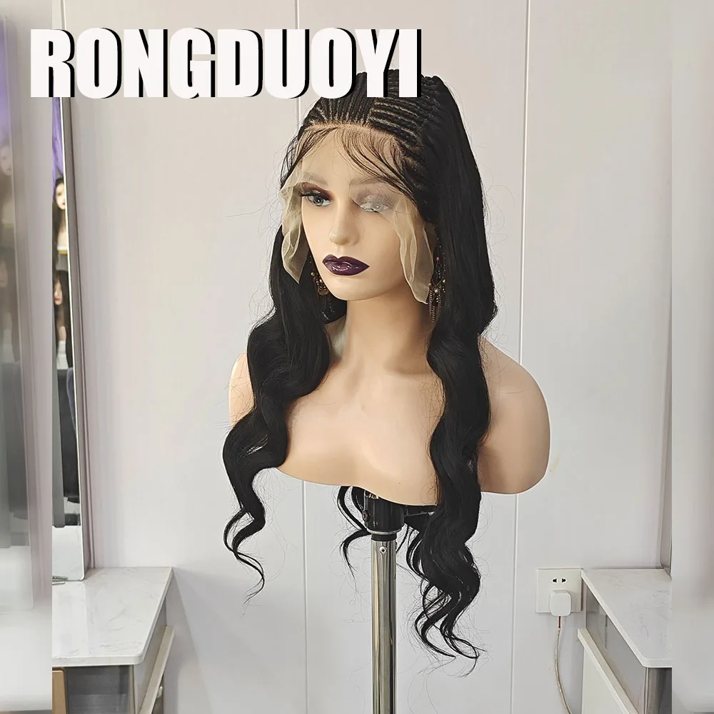 RONGDUOYI Black Braided Wave Synthetic Wig Black Braids with Baby Hair Body Wavy for Women Daily Used Braiding Lace Front Wig - view 3