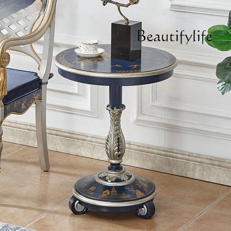 American Country Painted Small round Side Table Sofa Side Table Corner  European Conference Table Mediterranean Solid Wood