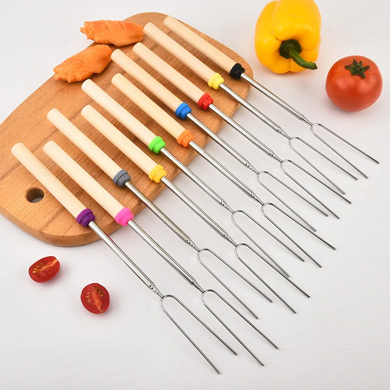 100pcs 10 Color Stainless Steel BBQ Marshmallow Roasting Sticks Kitchen Tools Wooden Handle Extending Roaster Telescoping Retrac