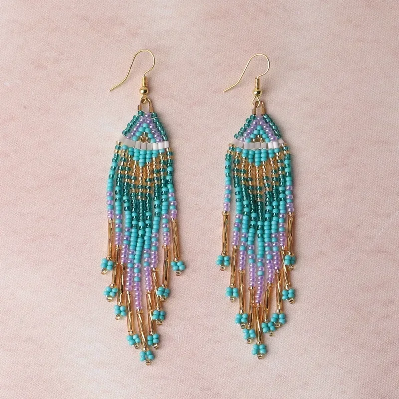Bohemia  Beaded Earrings Tassel Gradient Hand Knitting Geometry Design Simple Beaded Jewelry Accessory