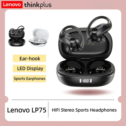 Imagen 1 del producto Auriculares inalámbricos Bluetooth deportivos originales Lenovo LP75 con micrófono, control de botones, pantalla LED de alimentación, auriculares estéreo Hifi con gancho para la oreja