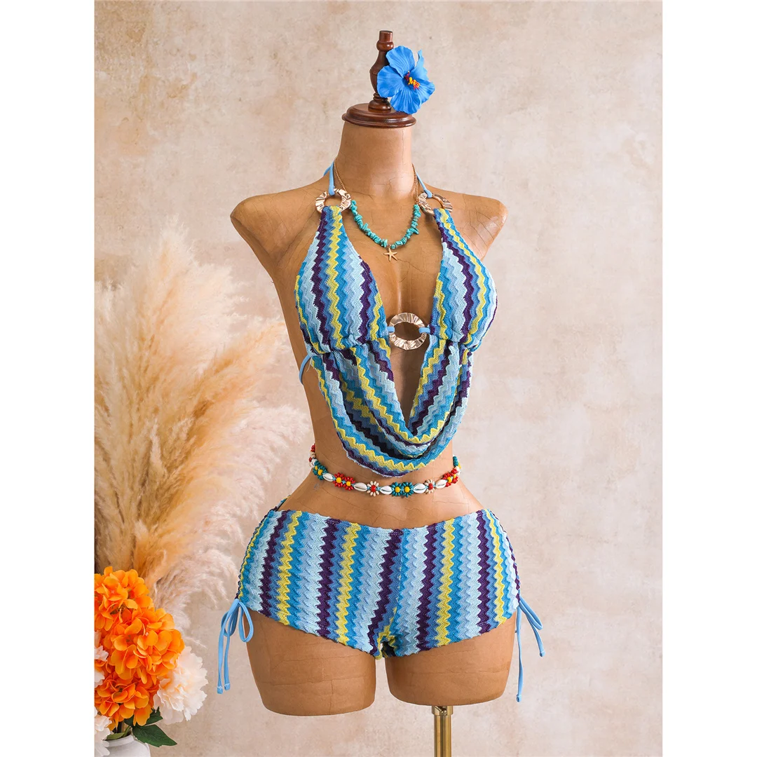 Gestreifter Tankini-Shorts-Bikini, Damen-Badeanzug, zweiteiliges Bikini-Set, gepolsterter Badeanzug, Badebekleidung, Modell V8344. – Detail 12