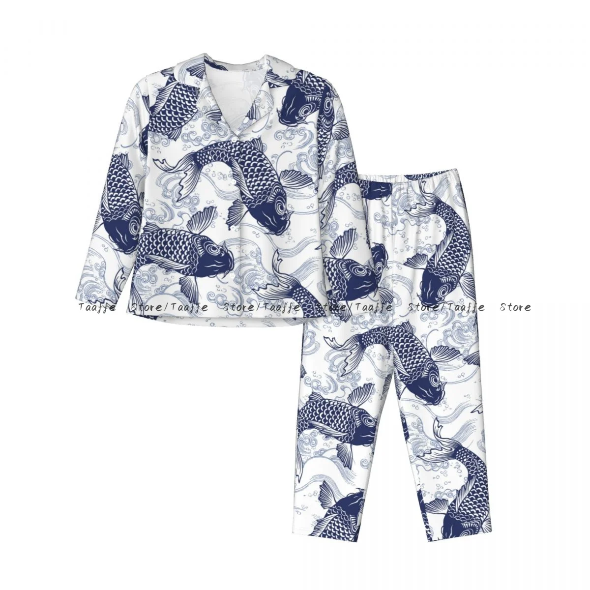 Blue Fish Carp Koi Wave Pattern Womens Pajamas Loungewear Two-piece Sleepwear Button-Down Full Sleeve Long Pajamas Set