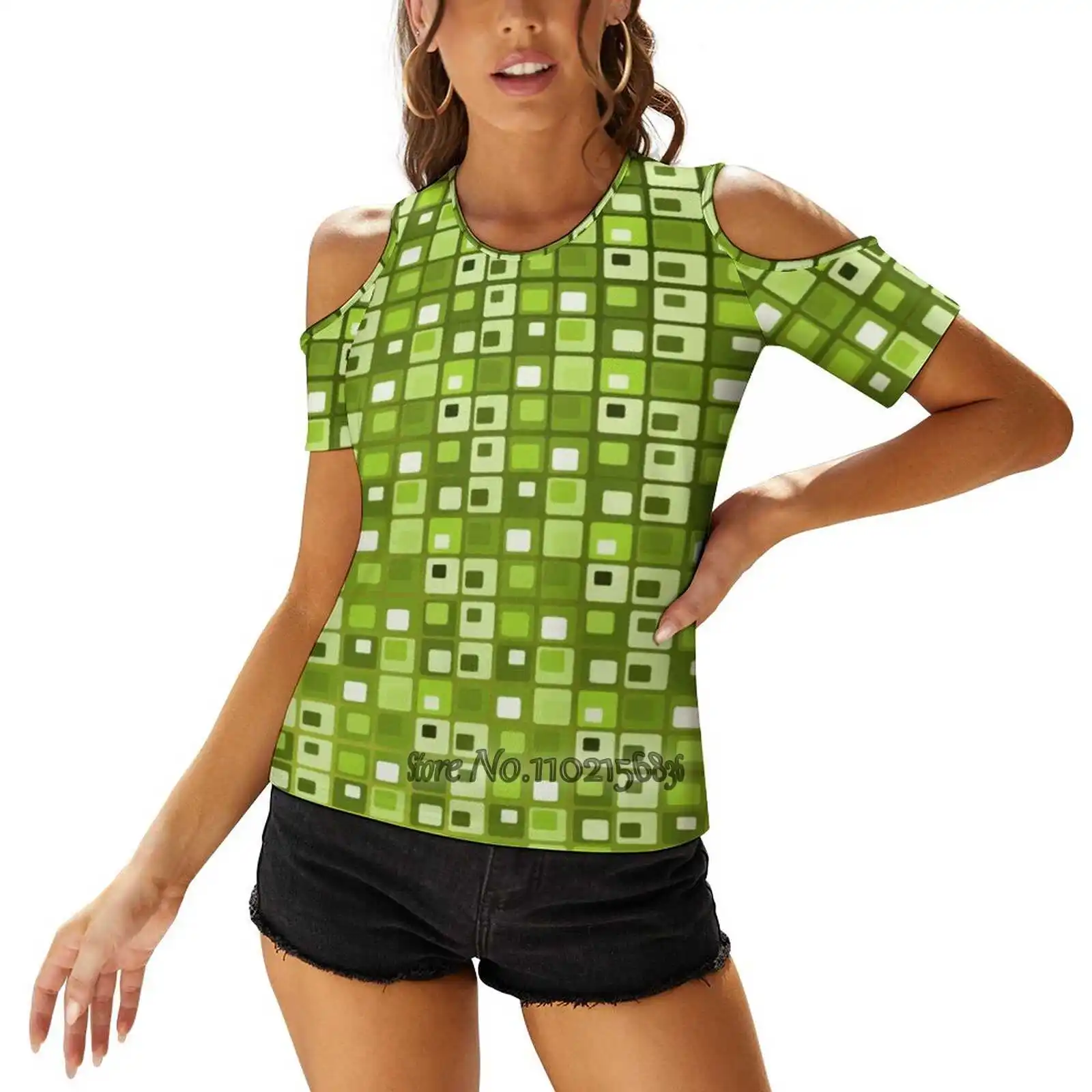 Mid Century Modern Green Squares Woman'S T-Shirt Spring And Summer Printed T Shirts Pullover Top Abstract Retro Sixties Pattern