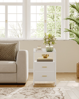 Hzuaneri Bedside Table set of 2, with LED Lights and Charging Station, Side Table with 2 Fabric Drawers and Shelves, White