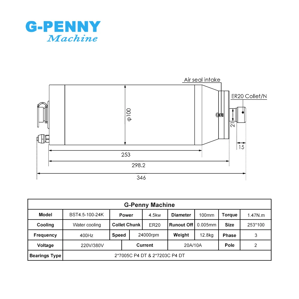 G-Penny 4.5kw ER20 Bullet Nozzle Type Spindle Water Cooling Granite Working 6000-12000rpm, 12000-24000rpm,100mm Ceramic Bearings
