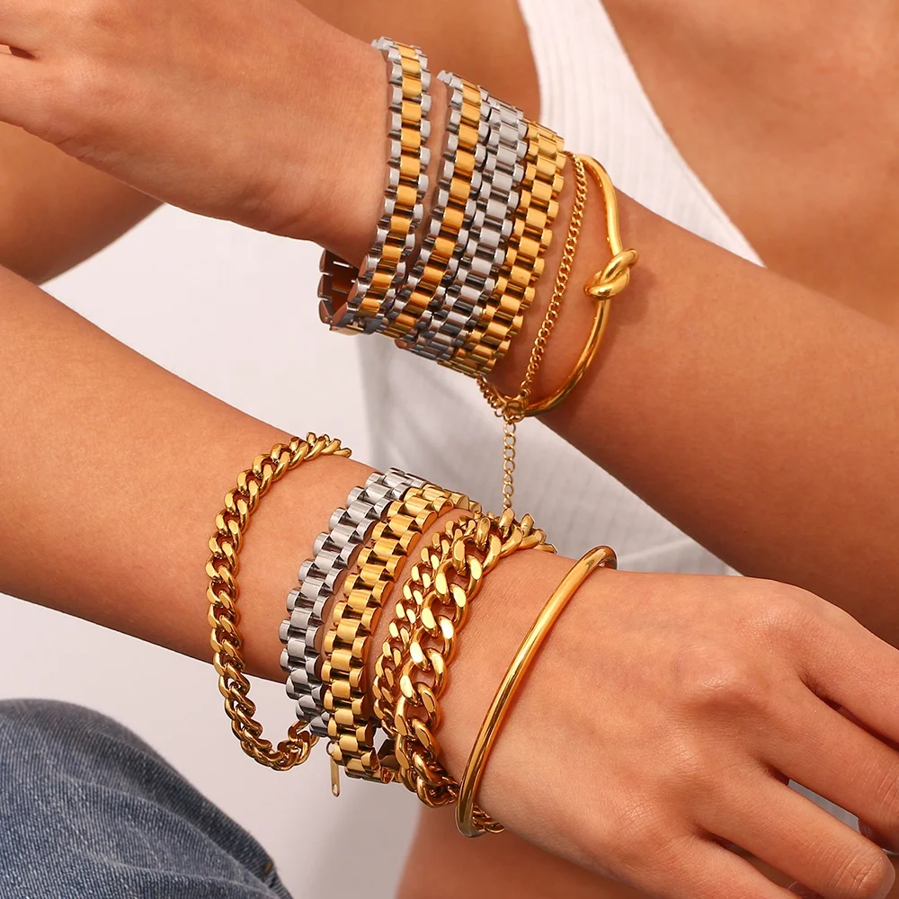 

Stylish 18K Gold Plated Cuban Link Bangle Set - Waterproof & Anti-Tarnish Stainless Steel Bracelet for Unisex