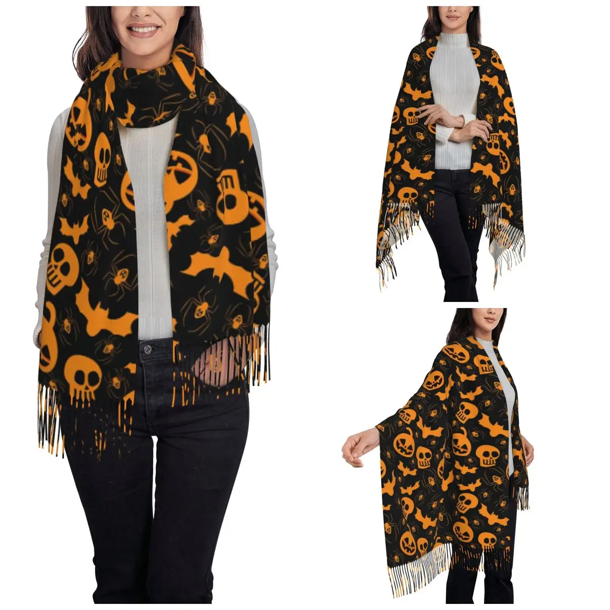 Women's Tassel Scarf Happy Halloween Large Winter Fall Shawl Wrap Pumpkin Bat Skull Cartoon Reversible Pashmina Scarves