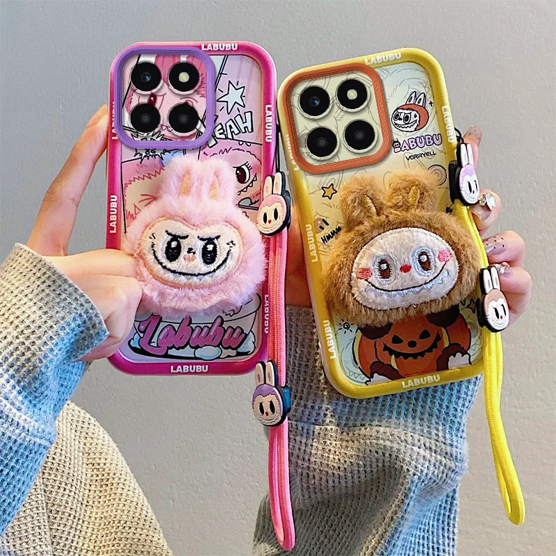 

3D Cartoon Lovely Plush Labubu Rope Pendant Phone Accessories Protective Cover Phone Case suitable for Honor X6A