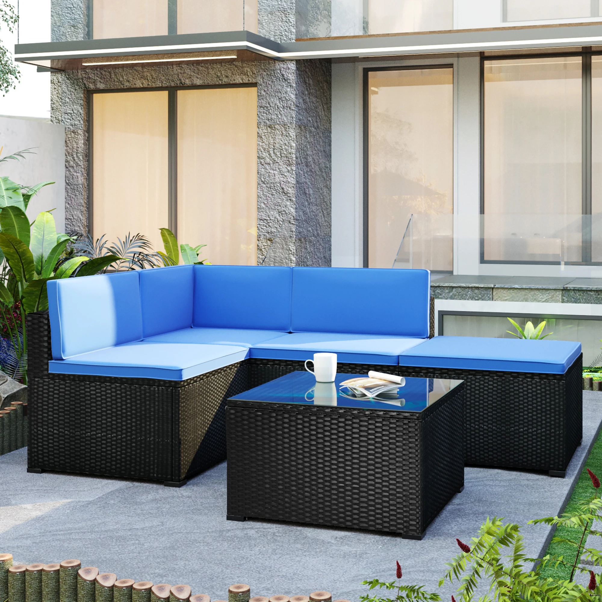 5-Piece Patio Rattan PE Wicker Furniture Corner Sofa Set Patio Furniture Set For Backyard  Porch  Pool,