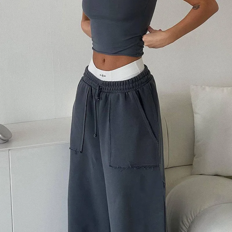 Neue High-Waist-Hose mit weitem Bein, lockere und schlank machende Straight-Leg-Sweatpants, Freizeithose