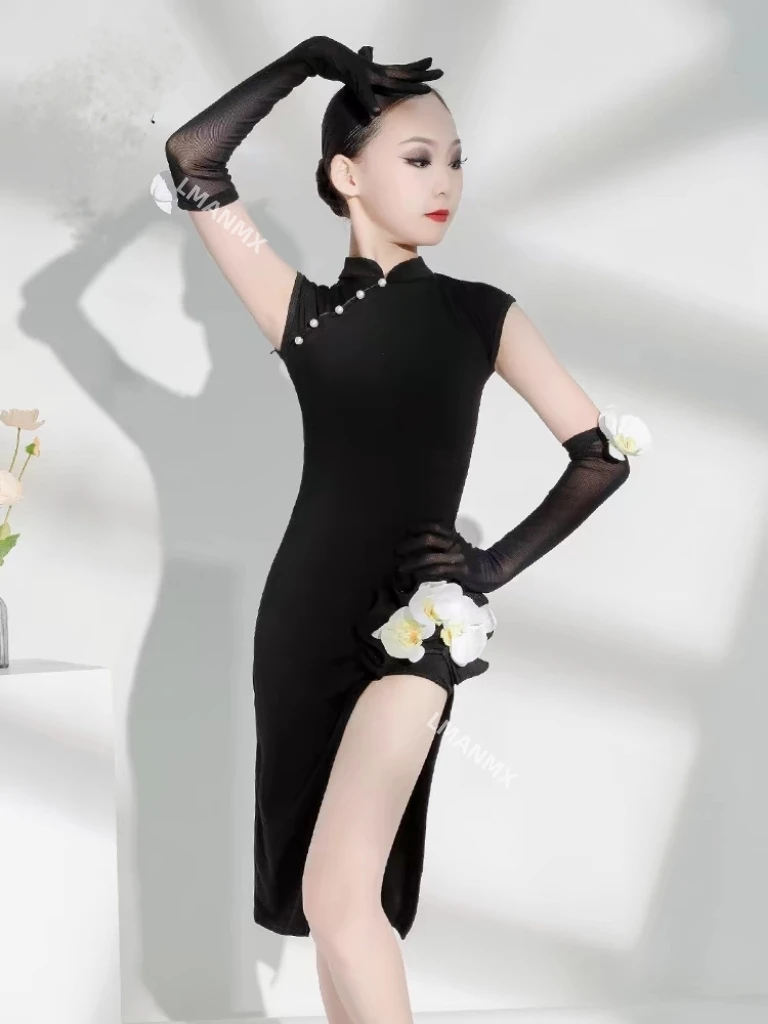 ラテンダンスドレス、女の子のパフォーマンスドレス、黒の競技用ドレス、スリムなチャイナドレスダンスドレス