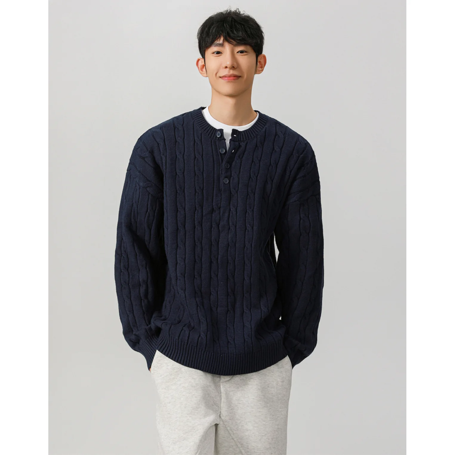 Henry Collar Long-sleeved Knitted Sweater Men's Twist Spring And Autumn Bottoming Shirt Jacket Casual Business Jacket Men Spring