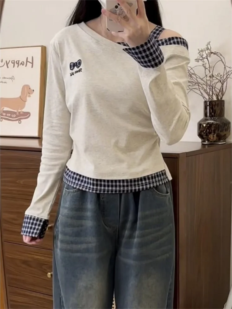 

Корейская футболка с вышивкой в клетку в стиле пэчворк для подружки невесты, длинная све, милая футболка с талией для девочек, женский дизайн, смысл цвета, Colio...