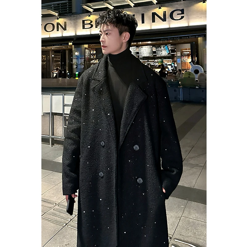 Shiny thick trench coat chic sequin autumn winter men's warm woolen coat casual double breasted long overknee woolen coat