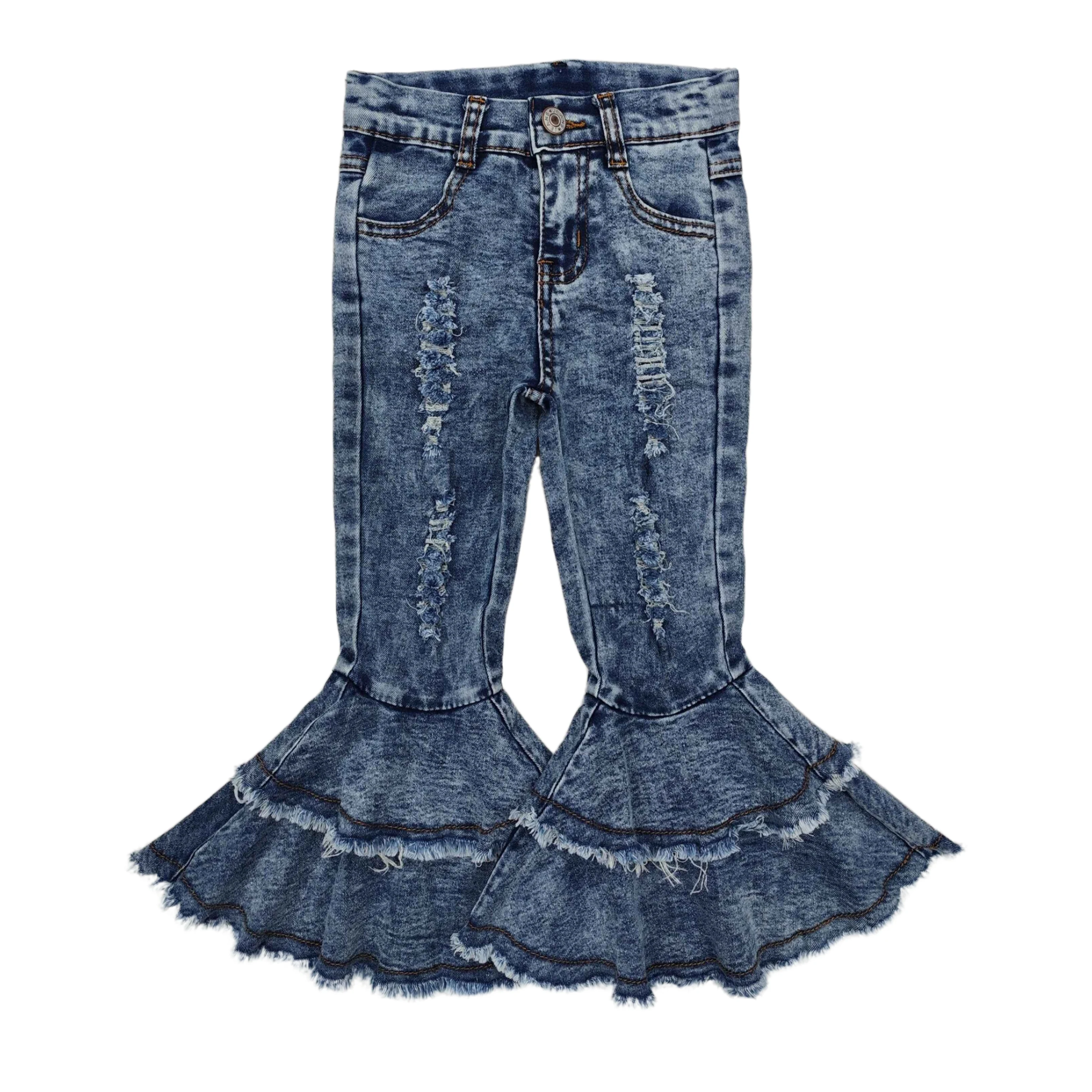 유아 지퍼 더블 러플 벨 바지, 여아 바지, 어린이 의류, 유아 포켓, 어린이 블루 데님 청바지, 도매