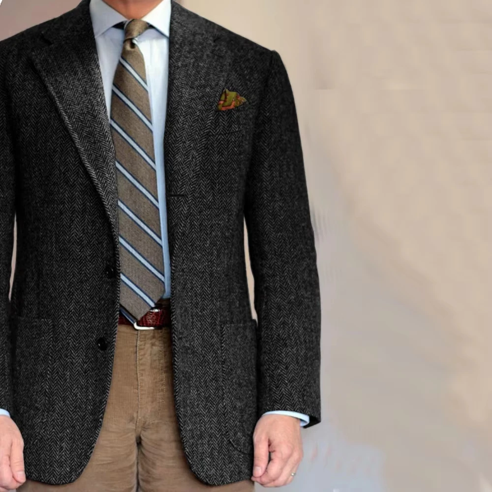 

Темно-серый деловой костюм, пиджак, мужской смокинг с лацканами в елочку, куртка для свадьбы, выпускного вечера, жениха на осень-зиму