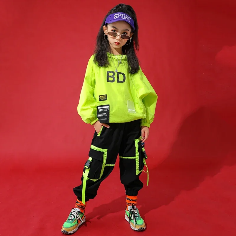 Traje de Jazz Street Wear para niños, disfraz de Hip Hop, ropa de Hip Hop, disfraces de baile para niños, verde neón, manga larga, Invierno