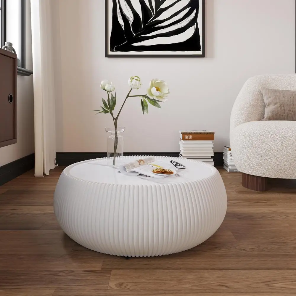Table basse en cuir en forme de tambour, dessus en marbre clair, Table d'appoint de canapé moderne, aucun assemblage requis