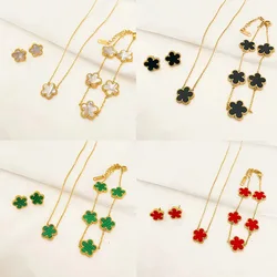 3Pcs Stainless Steel 316L Luxury Plum Blossom Plant Five Leaf Flower Necklace Earrings Bracelet for Women Gift Jewelry Sets