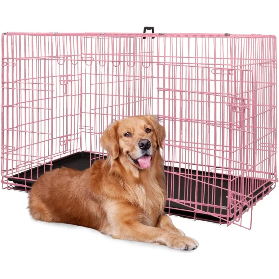 

Foldable Metal Dog Crate 48 Pink with Double Doors Secure Slide-Bolt Latches Leakproof Tray Portable Kennel for Large Breeds Tr