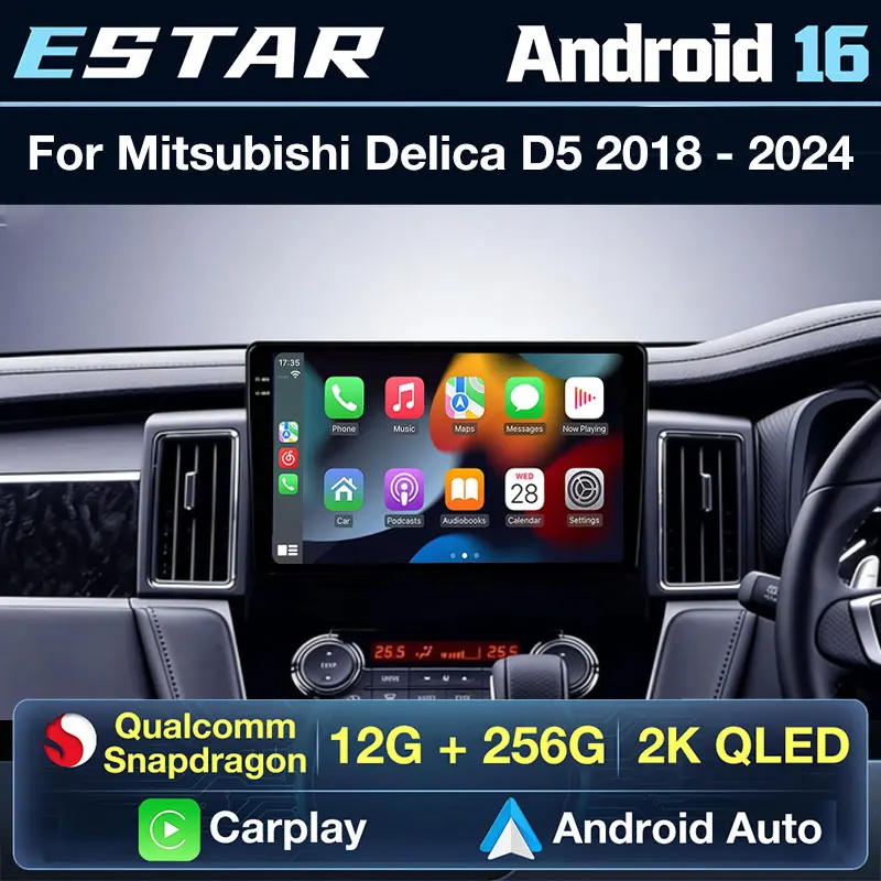 Radio de coche inalámbrico Carplay Auto Android 16 para Mitsubishi Delica D:5 D5 2018 - 2024 con pantalla QLED 2K, GPS, Bluetooth, cámara 360, 2din, DTS