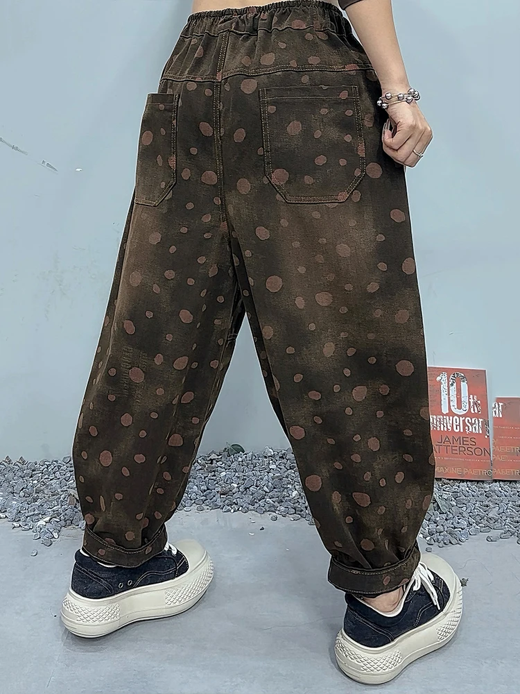 Amax LuluE Pantaloni in denim a pois vintage moda donna autunno Jeans stampati larghi Pantaloni Harem classici casual in vita elastica da donna