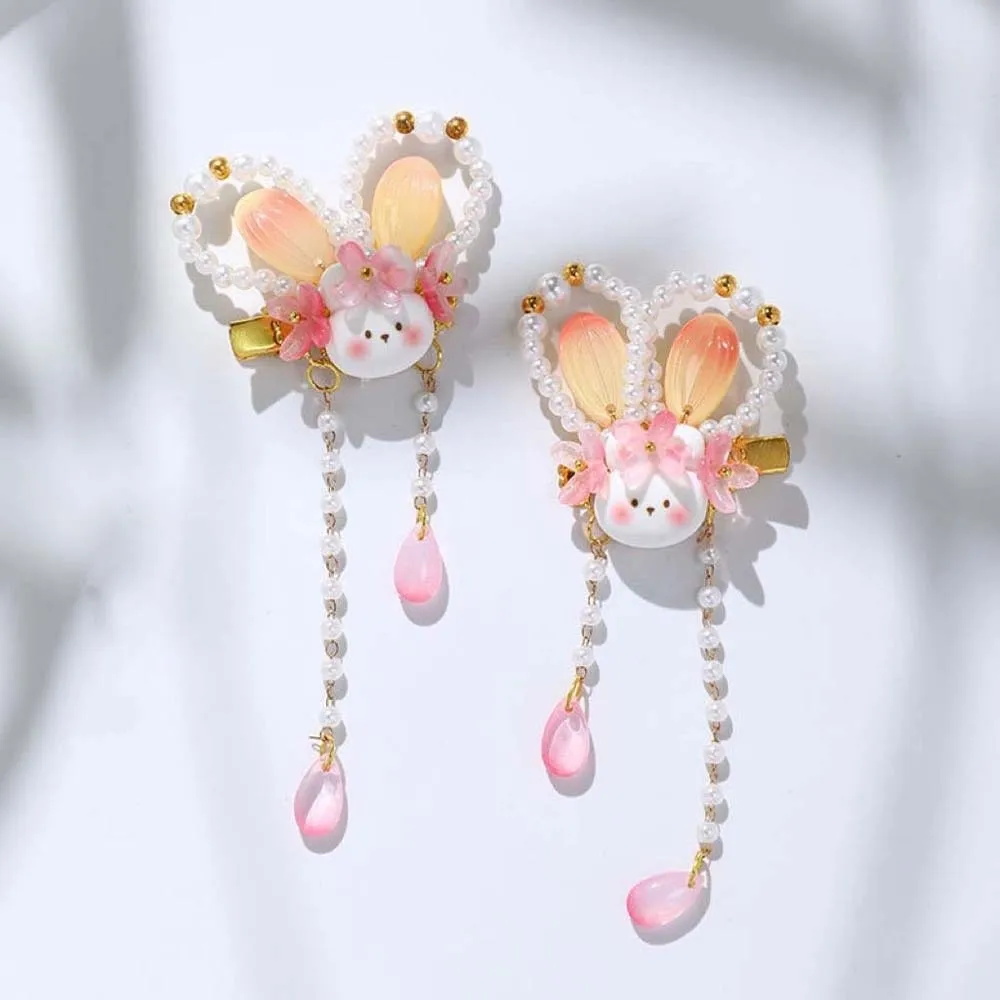 1 Pair Long Ribbon Hanfu Hair Clip Handmade Flower Flowing Tassel Rabbit Tassel Hairpin Traditional Vintage Vibrant Colors