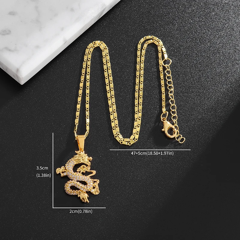 Classic Chinese Style Zircon Golden Dragon Mascot Lucky Pendant Necklace for Men Vintage Copper Necklace Women Amulet Jewelry