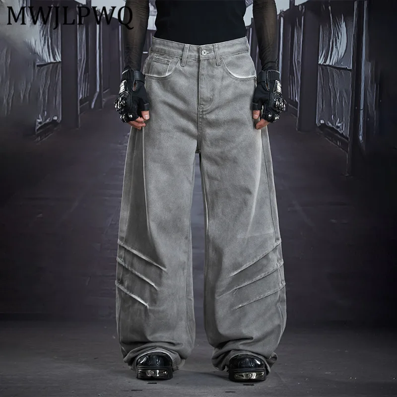

MWJLPWQ Men's Heavy-Duty Dirty-Dye Jeans High Street Pleated Design Loose Straight Wide Leg Pants 2026 Spring Trousers 13042