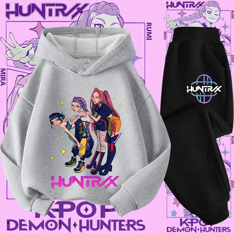 طقم ملابس رياضية للفتيات من K-pop Demon Hunter مكون من قطعتين - تصميم جديد - قميص كاجوال لطيف للأطفال - طقم بقلنسوة مع طباعة كرتونية