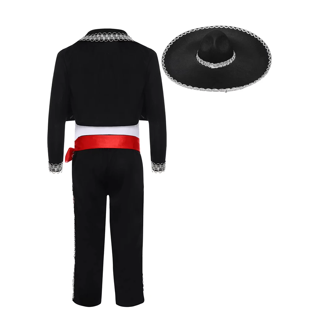 Kostum Meksiko Anak Laki-laki Kostum Cosplay Tari Mariachi Amigo Tradisional Anak-anak Pakaian Setelan Sabuk Dasi Kupu-kupu Cosplay Meksiko Halloween