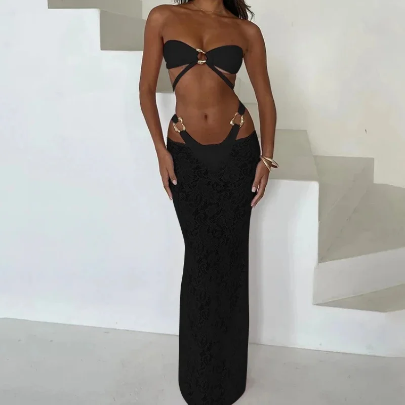 Bandeau 3 pièces Bikini femmes maillot de bain Sexy évider boucle en métal Micro Bikini dentelle jupe longue 2025 nouveau maillot de plage à la mode